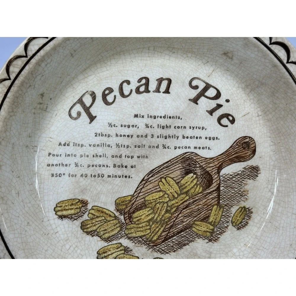 Vintage Ceramic Pecan Pie Dish Plate Recipe Brown White Grandmacore Cottagecore